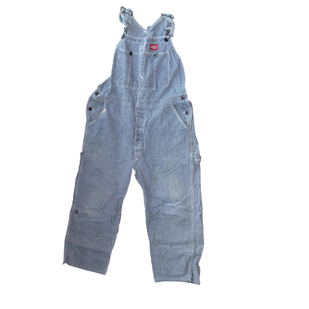 VTG Dickies Pin Strip Denim railroad bib overall white stripes/blue denim sz 34